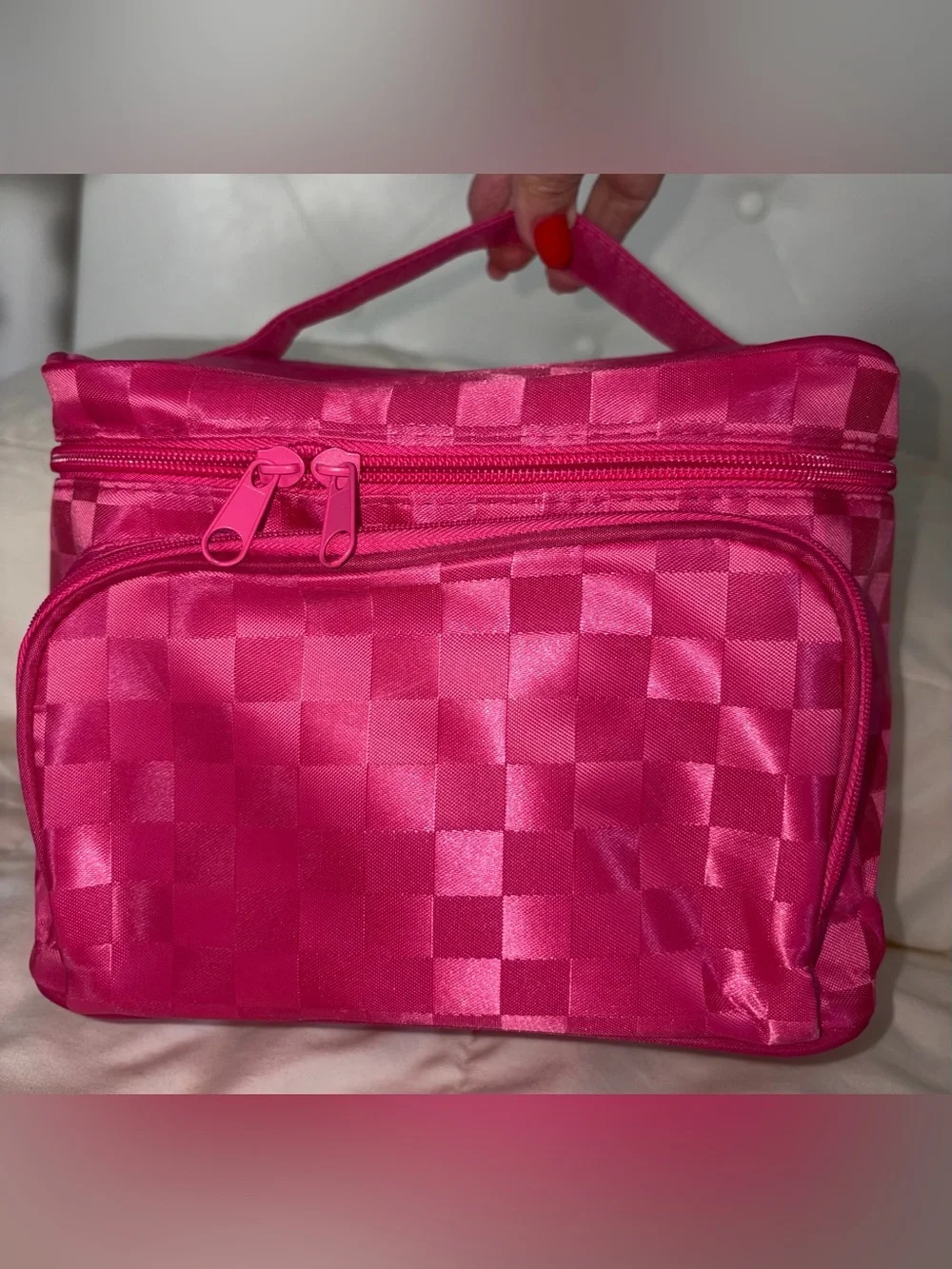 Bright Pink Checker Satin Cosmetic Travel Bag
